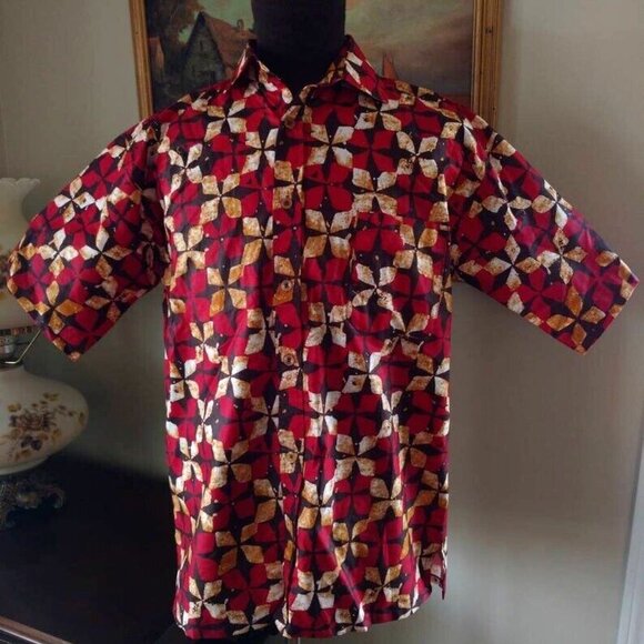Mens Batik Shirt Button Front Ethnic African Polynesian Block Print 42" Chest - Picture 7 of 10